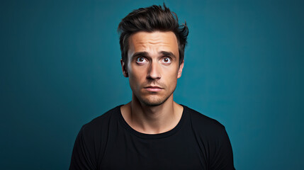 Portrait of a confused man wearing black t-shirt . Isolated on blue background