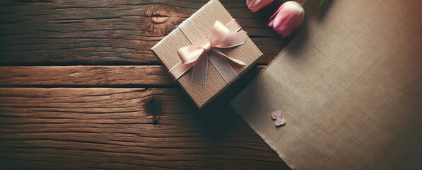A banner featuring a rustic wooden tabletop with small gift box and tulips - Powered by Adobe
