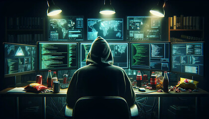A hacker as seen from the back, sitting in front of computer monitors displaying various types of data - obrazy, fototapety, plakaty