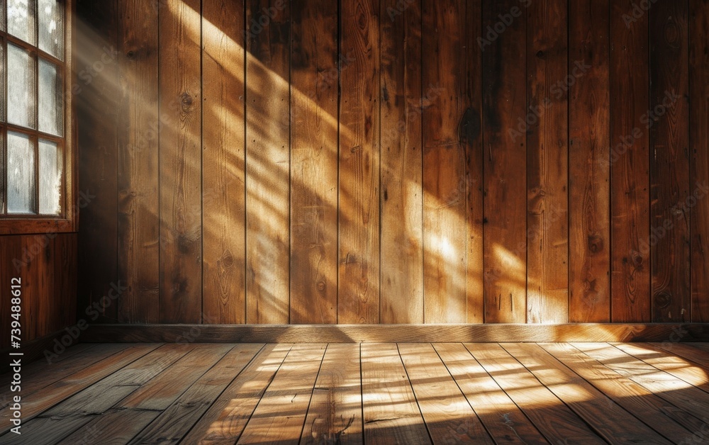 Poster of an empty room with wooden walls where sunlight streams through a window, casting long shadows on 