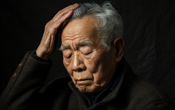 An elderly man is shown sitting with his head in his hands, displaying a gesture of distress or frustration. The image captures a moment of vulnerability and emotional turmoil.