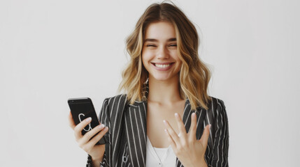 Fototapeta premium A smiling woman holding a smartphone gives a thumbs-up gesture with one hand while looking at the camera.