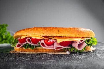 ham sandwich sliced meat, cheese, lettuce, tomato, vegetables, bun bread fresh food tasty fresh healthy eating cooking appetizer meal food snack on the table copy space food background