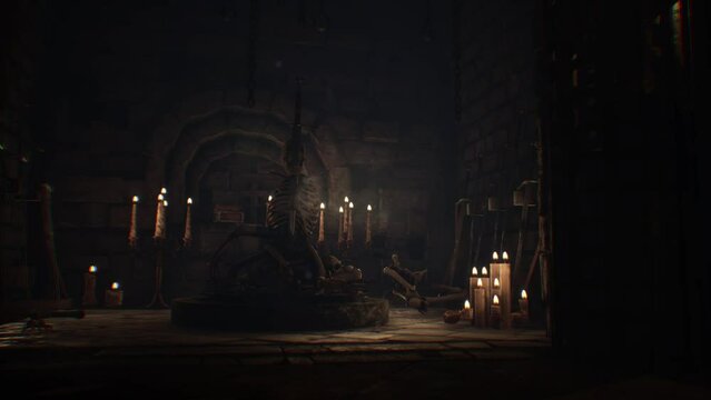 Dungeon, Crypt, Sword in the Skeleton, Skulls 3D Animations Rendering CGI 4K