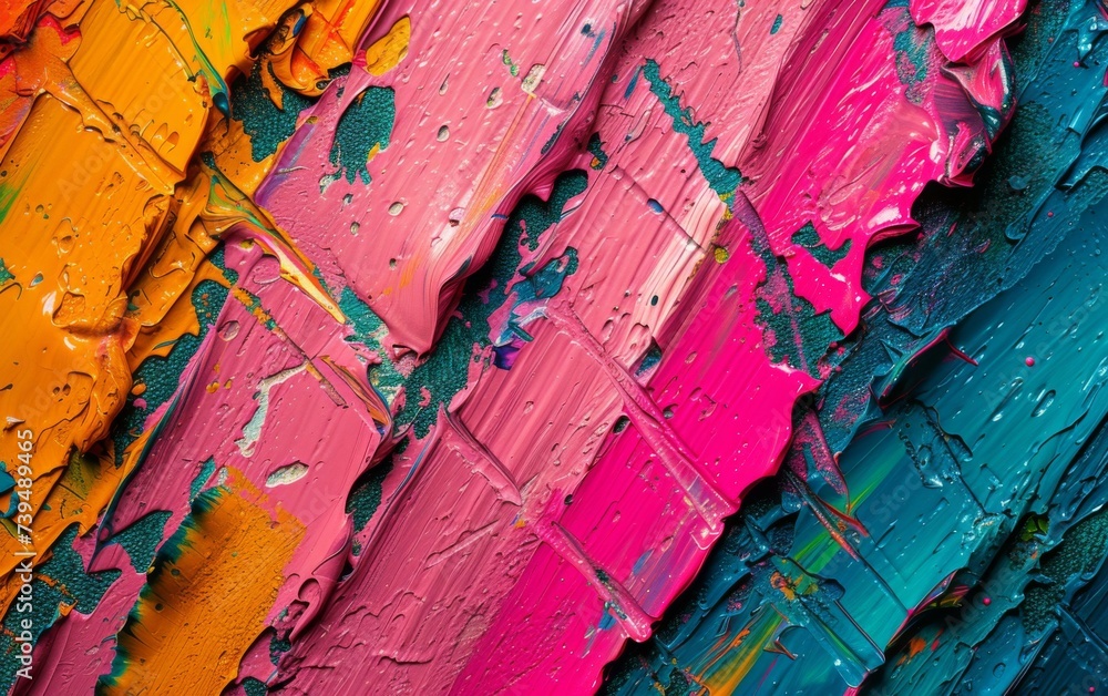 Poster showcases vibrant and diverse colors of paint layered on a wall, creating a visually striking and dy