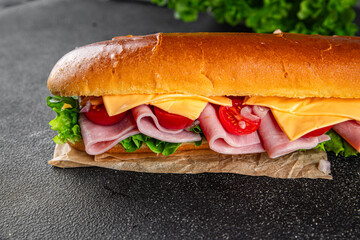 ham sandwich sliced meat, cheese, lettuce, tomato, vegetables, bun bread fresh food tasty fresh healthy eating cooking appetizer meal food snack on the table copy space food background