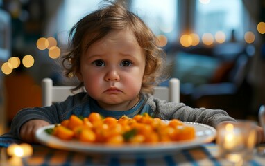 A small child of multiracial descent sits at a table, with a plate of food in front of them. The child appears to be engaged in eating or possibly waiting to be served.
