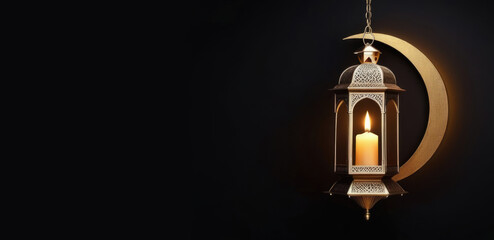Eid al-Fitr, holy month of Ramadan, Laylat al-Qadr, hanging Arabic lantern fanus, candles, golden crescent moon, magical atmosphere, dark background, horizontal banner, place for text