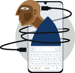 Ilustração de Dependência de redes sociais. Plugue USB do telefone celular na fonte de alimentação