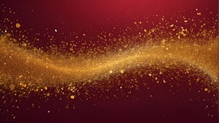 Golden glitters tinged a red liquid. A red backdrop with a sprinkling of golden glitter. Magnificent galaxy of golden dust particles in burgundy-tinted crimson fluid