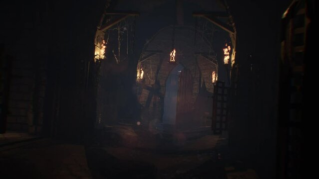 Dungeon, Door, Torches, Crypt, Skulls, Candles, Skeletons 3D Animations Rendering CGI 4K