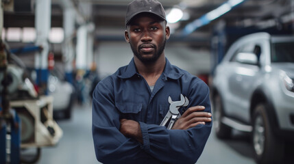 confident male mechanic in a workshop, wearing a dark blue uniform and a baseball cap, with a wrench in hand, standing in front of a car and mechanical equipment