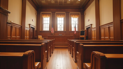Empty USA courtroom with three windows in the back. Legal proceedings take place in a room just like this.