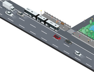 Ilustração de Ônibus biarticulado da cidade de São Paulo, avenida com corredor para onibus, carro e caminhão, calçada para pedestres ao lado do parque ecológico