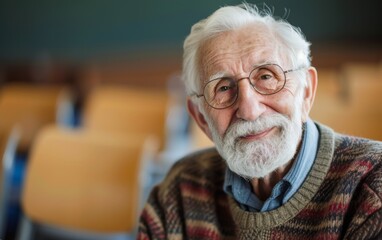 An image an elderly man with glasses and a cozy sweater. He exudes a sense of wisdom and experience as he gazes ahead with a gentle expression.