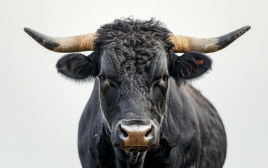 captures a close-up view of a black bull with impressive large horns. The powerful presence of the bull is emphasized by its sturdy build and intimidating horns.