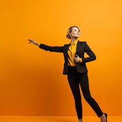A confident businesswoman in a striking yellow blouse and blazer, dynamic pose against a vibrant orange background.