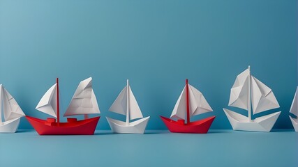 A solitary red paper ship and a cluster of white paper ships pointed in opposing directions against a blue background. Business for innovative solution concept.
