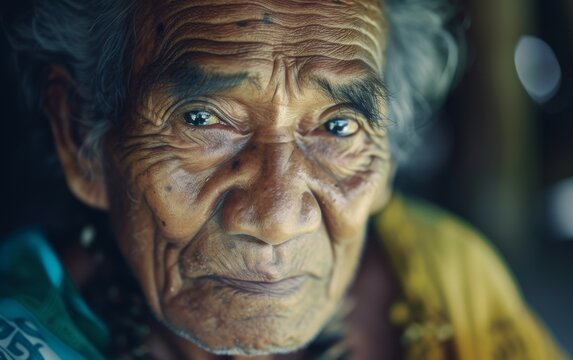 captures a close-up of an elderly woman with distinct wrinkles on her face, portraying the passage of time and her life experiences.