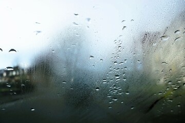 Abstraktes Motiv mit Regentropfenmuster auf nasser beschlagener Glasscheibe vor Straße zwischen Häusern, Bäumen und Himmel in Kleinstadt bei Regen, Sturm und Kälte am Morgen im Winter