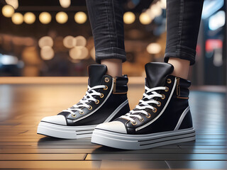 Stylish Footwear: K-Pop Idol Flaunts Trendy Sneakers or Boots in Upward Angle Shot. generative AI - obrazy, fototapety, plakaty
