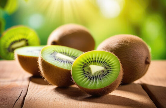 sliced kiwi fruits on a wooden table, kiwi plantation, tropical kiwi garden, kiwi tree branches, sunny day, Organic Farming