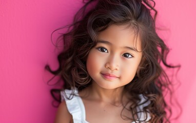 Fototapeta premium A young girl stands in front of a bright pink wall, striking a pose for the camera. She wears a colorful outfit and looks directly at the lens.