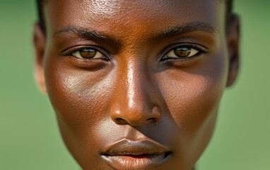A close up photograph of a womans face with a green background. The womans features are prominently displayed, showcasing her skin tone and facial expressions.