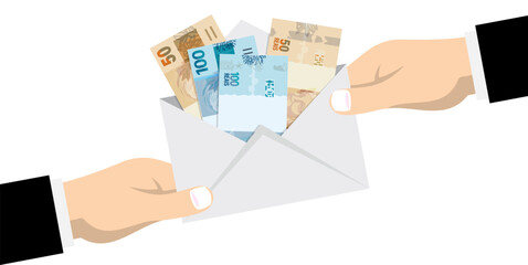 Oferecendo dinheiro no envelope, nota de corrupção, governante, prefeito, governador, presidente e deputado corrupto, dinheiro do plano real brasileiro