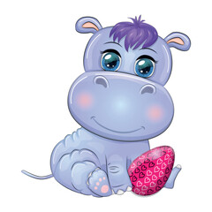 Cute cartoon hippo with Easter egg, Easter card