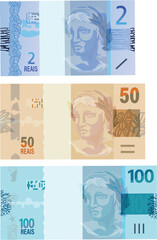 O Real é a moeda oficial da República Federativa do Brasil. nota de dois, nota de cinquenta, nota de cem reais