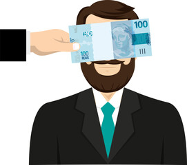 Nota de 100 reais na cara, dinheiro da corrupção, governante de terno e gravata, dinheiro brasileiro do plano real