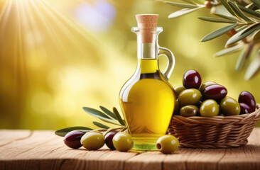 fresh olives in a wicker basket on a wooden table, a small bottle of olive oil, olive plantations on the background, a branch of an olive tree, a sunny day