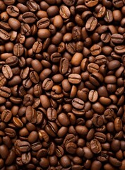 Fototapeta premium Close-up image of roasted coffee beans, invoking the scent and taste of freshly brewed coffee.