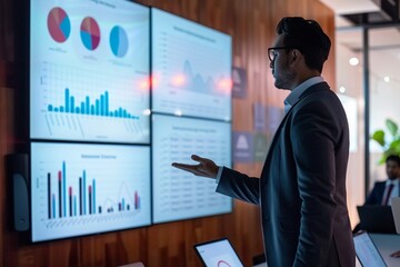 A confident entrepreneur delivering a compelling presentation to a diverse boardroom of investors, with charts and graphs displayed on a large screen, illustrating strategic plans for business growth