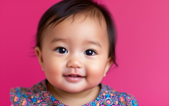 features a close-up shot of a multiracial baby against a soft pink background. The babys features and expressions are the main focus of the image.
