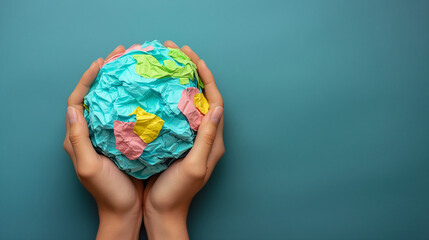 felame hands holding a world globe made of colorful paper