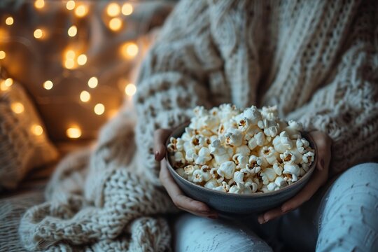 A cozy family movie night, with popcorn, blankets, and snuggles on the couch as everyone gathers to watch a favorite film together, enjoying quality time and shared experiences in the comfort of home