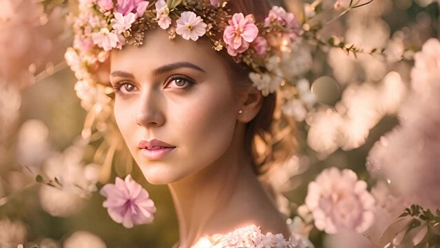 Charming woman wearing flower crown on her head, adding a touch of nature to her appearance. She exudes a sense of beauty and charm as she showcases the floral adornment