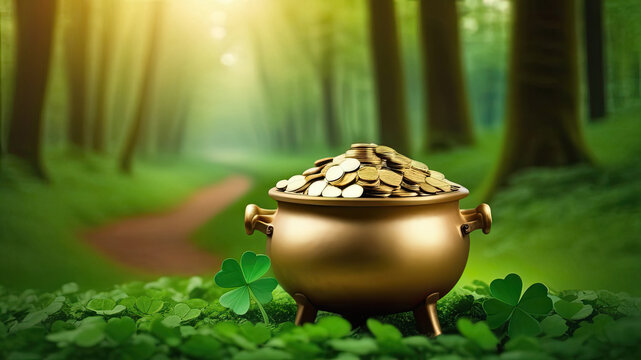 Banner St. Patrick's Day cauldron of gold coins, green clover leaves, magic forest, St. Patrick's day concept, free place for text
