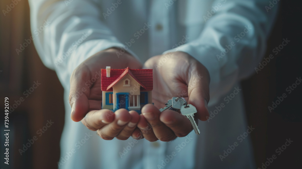 Wall mural pair of hands holding a small red model house and a set of keys, indicating themes of home ownership, real estate, and property investment.