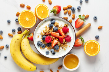 Healthy breakfast bowl with ingredients granola fruits Greek yogurt and berries on white marble...