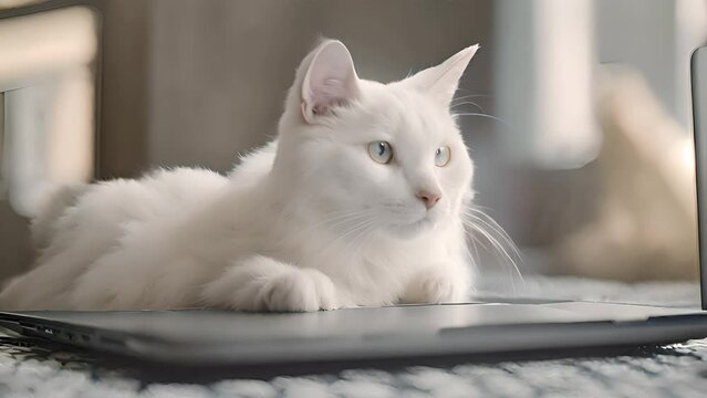 White cat comfortably lounging on top of laptop computer, showing typical feline behavior of seeking out warm and cozy spots to rest. Cats fluffy fur contrasts with sleekness of laptop