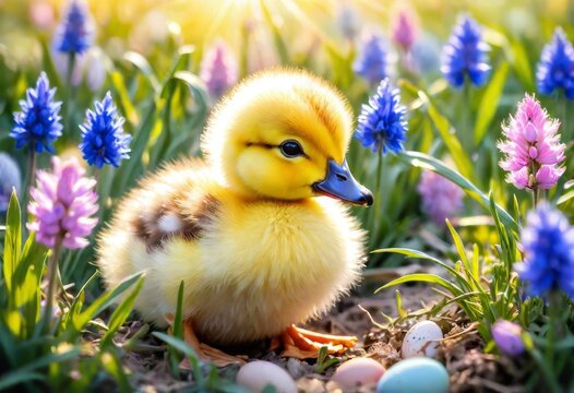 easter duckling lying in a green grass