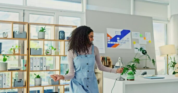 Laptop, success or happy woman with dance celebration in office excited for feedback, email or news. Online task, done and business people with freedom, energy or moving in support of sales victory