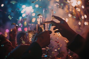 A lively New Year's Eve party with champagne toasts, confetti showers, and fireworks lighting up the night sky, marking the end of one year and the beginning of another with hope and excitement