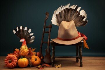 Pilgrim hat and turkey leg photo booth props for. Generative ai