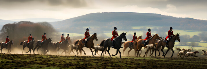 British Tradition in Full Thrust: Dramatic Capture of Fox Hunting - Riders, Horses and Hounds in Rural Countryside