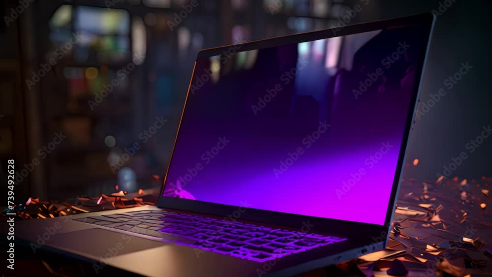 Aufkleber open laptop computer is placed on top of a table, showing a blank screen. the laptop is powered on b