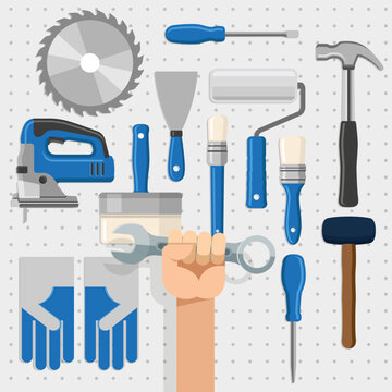 Painel de ferramentas de trabalho contendo serra, martelo, chave inglesa, quebra-cabeça, escova e espátula